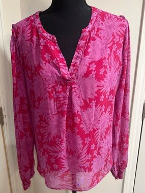Hale Bob Women’s Pink Floral V-Neck Blouse sz XL